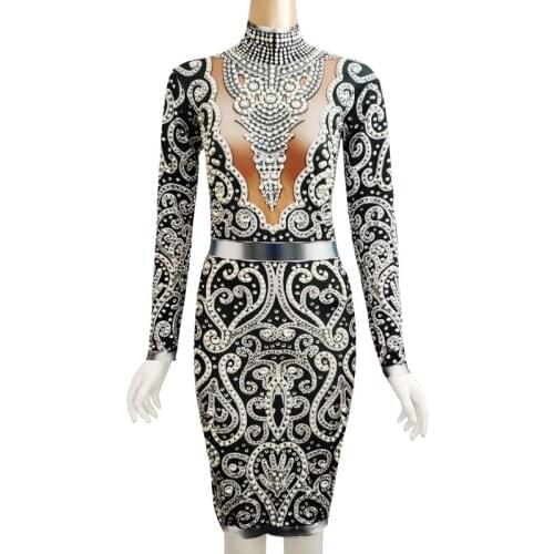 2019 New Rhinestones Pearl Dress Women Birthday Prom Celebration One Piece Dress Nightclub Singer Host Luxurious Stage Costume