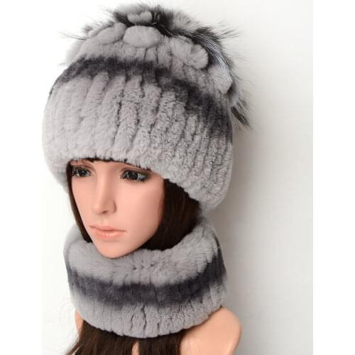 New Style Lady Knit Fur Hats Muffler 2 Pieces Women Warm Rex Rabbit Fur Hat Scarf Sets Winter Natural Rex Rabbit Fur Cap Scarves