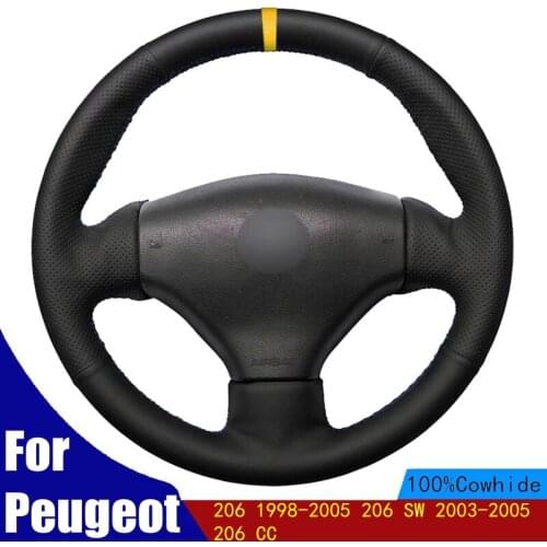 Car Steering Wheel Cover Yellow Marker Black Genuine Leather For Peugeot 206 1998-2005 206 SW 2003-2005 206 CC