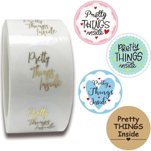 Pretty Things Inside Stickers 1'' Round Gold Foil Blue Green Pink Kraft Thank You Stickers with Hearts Gift Bakery Seal Label
