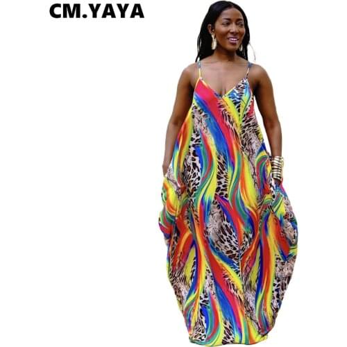 CM.YAYA Women Dress Print Spaghetti Strap V-neck Pockets Loose Floor Length Dresses Sexy Night Club Dress Summer Outfit 2021