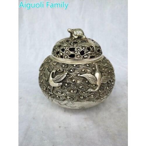Home Decorations Censer Craft /Art Collection Tibet Silver Old Handmade Crane Curtle Incense Burner,Traditional Item With Mark