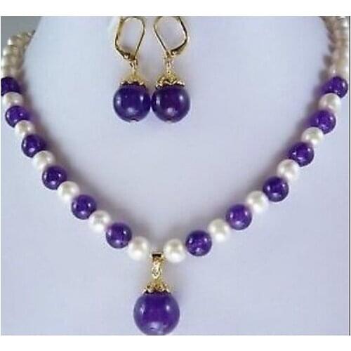 Jewelry 7-8MM White Pearl jade Necklace Earring sets