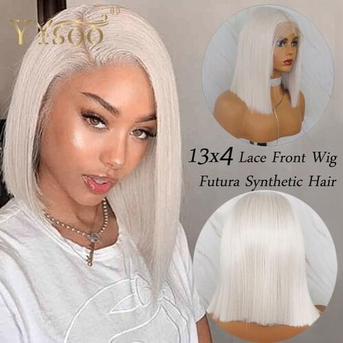 YYsoo Short 13x4 Silky Straight Futura Synthetic Lace Front Wig #60Color Glueless White Bob Wigs for Women Heat Resistant Fiber