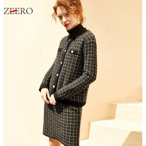 Autumn Knitted 2 Piece Set Women Black Plaid Cardigan Cropped Top + Mini Bodycon Skirt Set Winter Suit Matching Sweater Sets