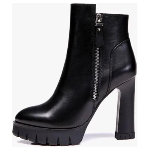 Winter Pointed Toe High Heel Boots Women Shoes Zipper Platform Thick Heel Ankle Boots Office Lady Genuine Cow Leather Boots