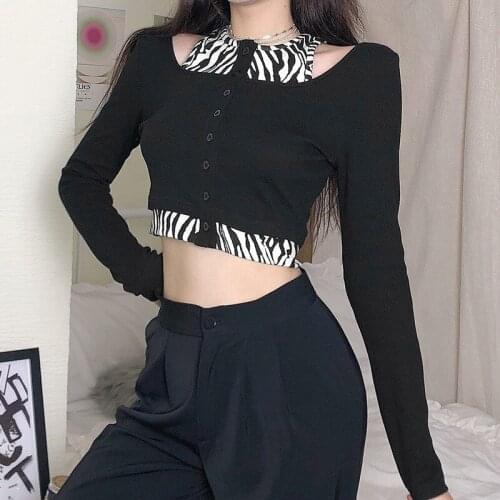2021 Zebra Stitching Knitting T Shirt Women Hip Hop Hollow Out Long Sleeve Crop Tops Casual Harajuku Halter Button Sexy T Shirts
