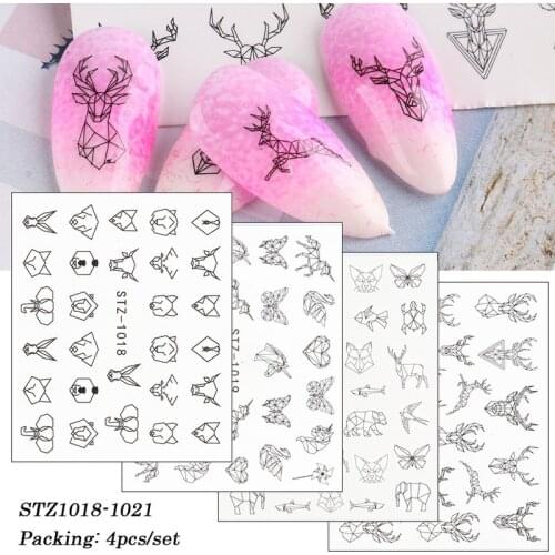 4 Sheet Water Nail Stickers Black Simple Lines Cartoon Animal Hollow Designs Sliders for Nail Decals DIY Manicure