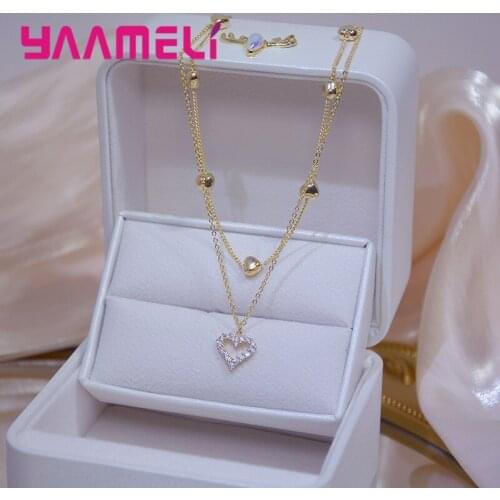 925 Sterling Silver Heart Gold Crystal Statement Necklace For Women Girls Fashion Jewelry Valentines Day Gift Wholesale