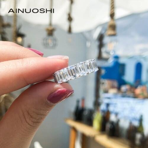 AINUOSHI 925 Sterling Silver 6x4mm Emerald Cut Eternity Engagement Ring SONA Diamond Wedding Full Eternity Ring Jewelry
