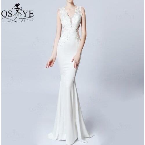White Prom Dresses Elastic Mermaid Appliques Lace Evening Gown V Neck Beads Lace Evening Dress Sleeveless WomenFormal Party Gown