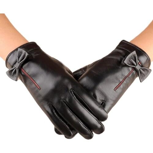 Brand Genuine Leather Women Gloves High Quality Winter Driving Gloves Elegant Bowknot Black Lady Sheepskin Glove