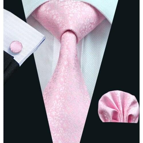 LS-327 Hot Men`s Tie Pink Floral Print 100% Silk Jacquard Woven Tie+Hanky+Cufflink Set For Men Formal Wedding Party Business