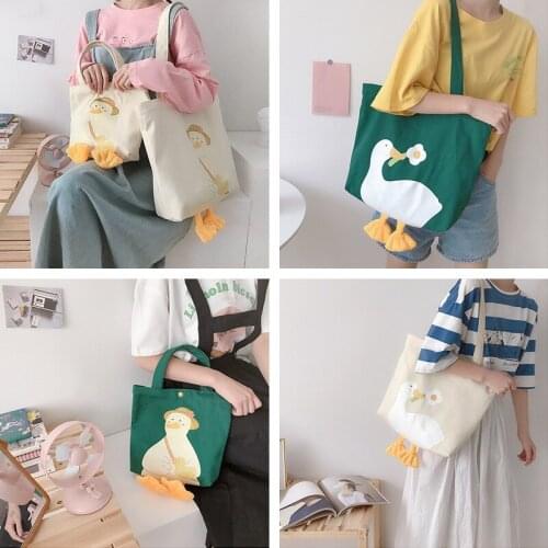 Korea Large Women Shoulder Shopper Bag Cute Duck Cartoon Print Casual Kawaii Canvas Tote Shopping Bag Cotton Cloth Eco Handbags