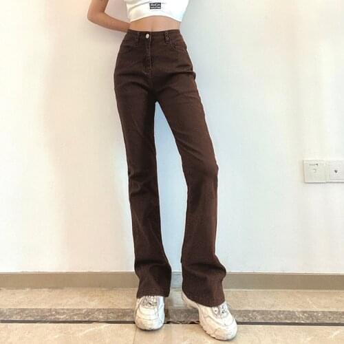 Brown Flared Jeans Women High Waist Vintage Streetwear Denim Trousers Flared Pants Office Lady Casual Denim Boot Cut Pants 2021