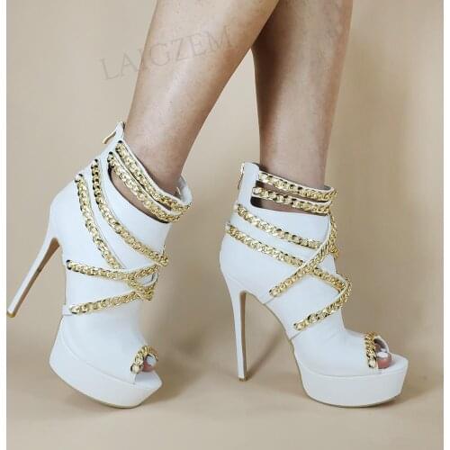 LAIGZEM Women Ankle Platform Booties Chain Back Zip Peep Toe Party Prom Ladies Shoes Woman Botines Mujer Large Size 41 45 50 52
