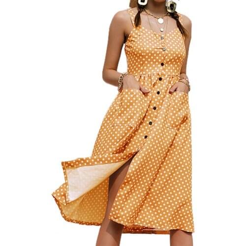 Summer Dresses Dot Print Single-breasted Pockets Mid-length Sleeveless Single-breasted Midi Dress Beachwear sling midi dress