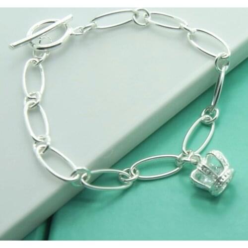 Fashion 925 Sterling Silver Hollow Chain Crown Pendant Charm Bracelet For Women Engagement Wedding Party Gift