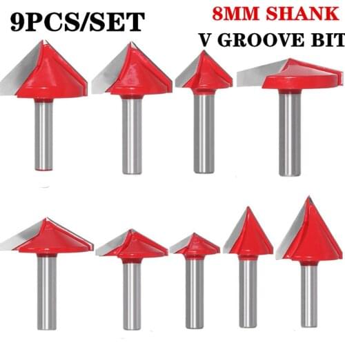 9pcs 8mm Shank V Groove Wood Router Bit Set Tungsten Carbide 60 90 120 150 Degree Milling Cutters For Wood Engraving Power Tool