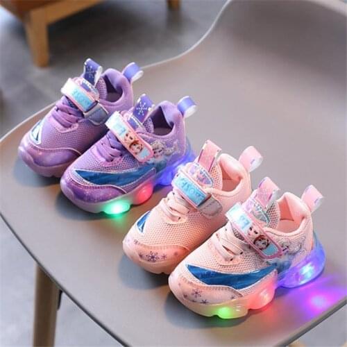 2021 new Disney princess children childrens sports shoes in the soft bottom surface loafers LED aisha female childrens shoes