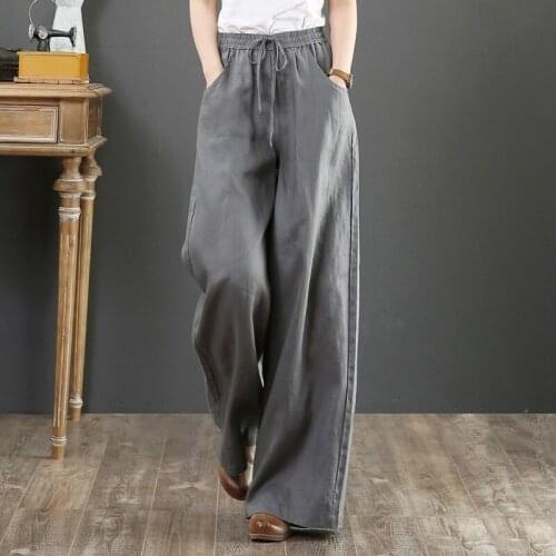 New 2021 Spring Ladies Pants Womens Cotton Linen Wide Leg Pants High Waist Drawstring Wide Leg Pants for Women Plus Size