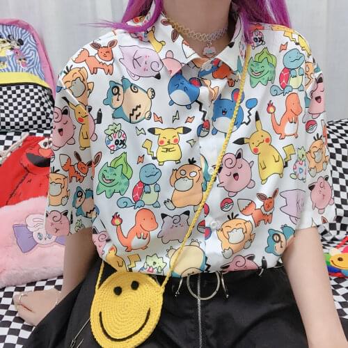 New Summer Women Shirt Kawaii Blouse Female Harajuku Cute Retro Cartoon Animal Print Blouses Female Loose Short Sleeve Tops y2k