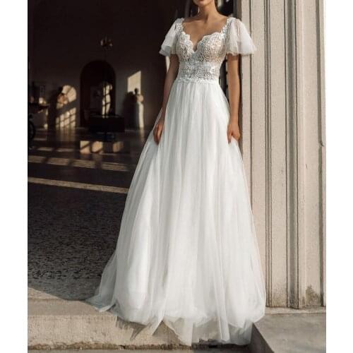 Beach Appliques Tulle Wedding Dress for Bride Short Sleeve V Neck Wedding Bridal Gowns Long Robe De Soirée De Mariage