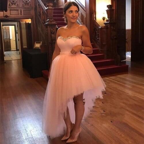 Blush Pink High Low Prom Dresses Sweetheart Beads Sequins Lace Up Cocktail Party Dress Tulle Custom made Cheap Homecoming Gowns
