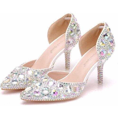 Spring summer women Pumps Shoes Rhinestone Hollow Pointed Toe Thin Heels 7.5CM Fashion Delicate Sweet Wedding High Heel Shoes