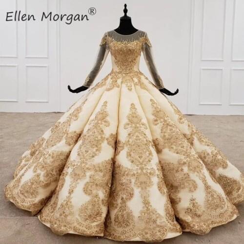 Ivory with Gold Lace Long Sleeves Wedding Dresses Muslim Beaded Custom Made Arabic Boat Neck Ball Gowns for Bridal Women