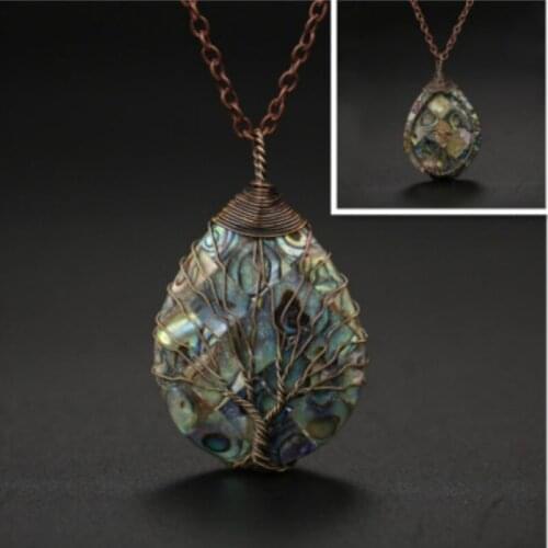 Vintage Shell Abalone Necklace Handmade Wire Wrapped Tree of Life Natural Abalone Shell Pendant Luxury Christmas Jewelry Gifts