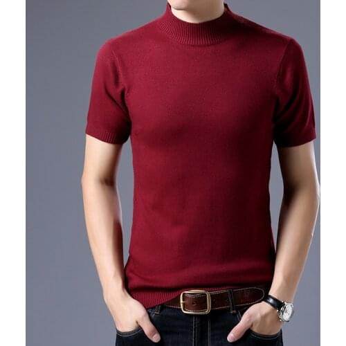 High Quality Male Sweater Shirt Men Short Sleeve Jumper Sexy Solid Knit Shirt Half Turtleneck Cotton Shirts