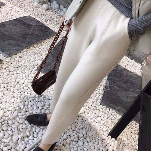 2021 Women Autumn Winter New Solid Knitted Granny Pants Female Thicken Warm Trousers Ladies High Waist Casual Harem Pants M724