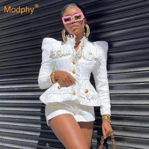 Elegant White Tweed Women Set Single-breasted Fringed Jacket & High Waist Shorts Suit Fashion Celebrity Party Sets 2021 Fall New