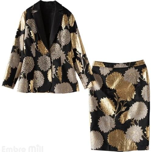 Embro Mill autumn women 2 pieces set vintage floral loose beading coat Tops+Jacquard skirts elegant lady suit female M-XXL