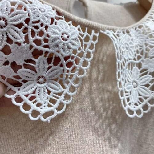 2021 Spring Summer Sweet Knitwear Jumper Women Knit Sweater Lace Peter Pan Collar Short Sleeve Slim Poullover