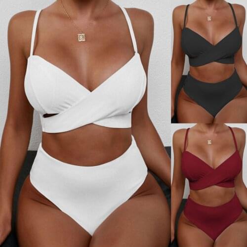 2021 New Swimwear Small Pit-Strip Fabric Cross High Waist Swimsuit Solid Color Split Bikini 2 Piece Sets Girl Womens Beach White