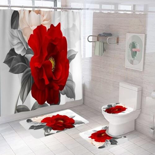 4pcs 3D Red Rose Bathroom Non-slip Mat Set Durable Waterproof Shower Curtain Sets Pedestal Rug Lid Toilet Cover Bath Mat Rugs