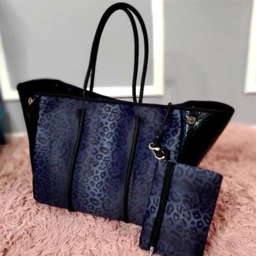 Large Black Leopard Neoprene Multipurpose Beach Bag Tote with Inner Zipper Pocket Waterproof Shoulder Beach Bag for Women
