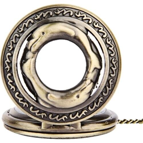 Large bronze lace openwork double dolphin end-to-end pocket watch hair retro pocket watch necklace 9039