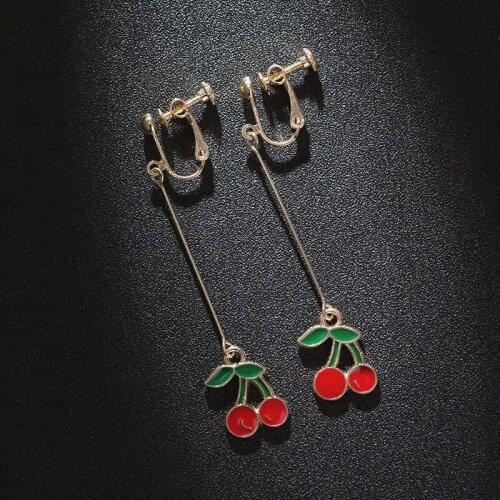 Korea Sweet Fashion Fruit Cherry Earrings Screw Clip on Earrings Non Piercing Earrings for Women No Ear-hole Ear Cuff