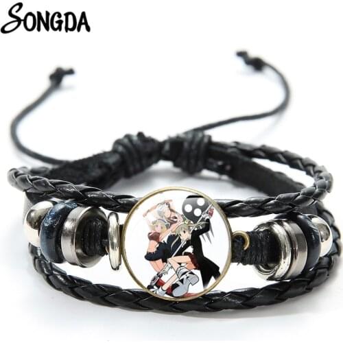 Soul Eater Cosplay Leather Bracelet Japan Anime Otaku Collection MAKA Figures Cartoon Print Glass Cabochon Charm Bracelet Unisex