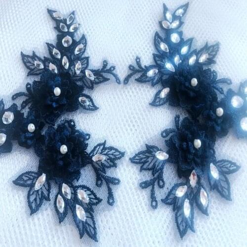 Hand made deep blue trim lace applique with crystal bead rhinestones patches 18*14cm for dress accessories