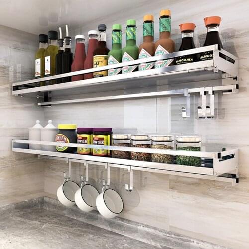 304 Stainless Steel Kitchen Rack Wall Hanging Type Punch Free Seasoning Frame Save Space Supplies Wall Mounted Kitchen Rack