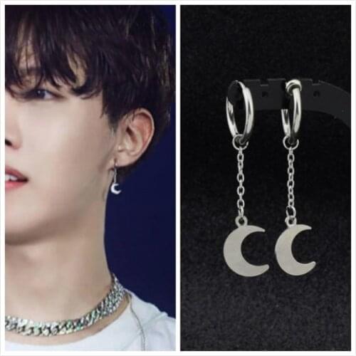 Fashion Moon Pendant Earring Hip Hop Stainless steel Jewelry for men women KPOP Bangtan Boys Jhope same Stud Earrings