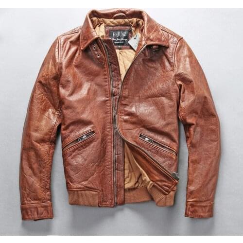 Mens Genuine Leather Brown Simple Vintage Classic Cowskin Motorcycle Rider Jacket for Male European American Style Coat