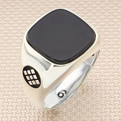 Rectangle Black Onyx Stone Men Silver Ring With Symmetrical Motif Made in Turkey Solid 925 Sterling Silver
