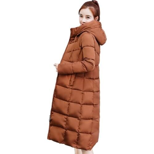 2018 latest winter womens over knee coat slim solid color hooded long-sleeved squares down cotton padded plus size jacket MF028