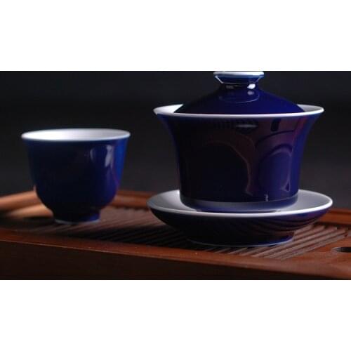 Single Color Glaze High Temperature Sacrifice Blue Covered Bowl Ceramic Tea Tureen