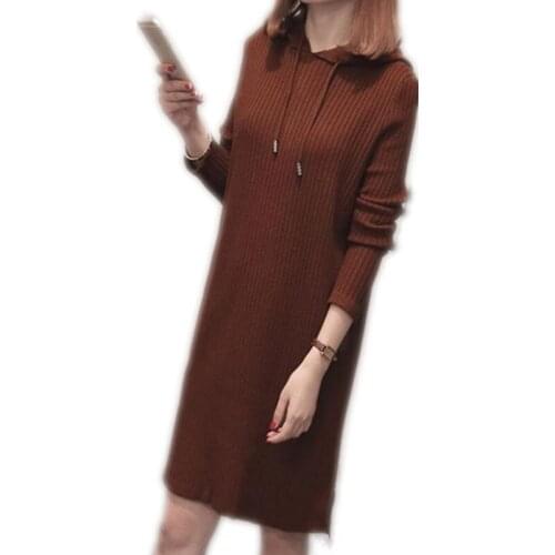 2019 Autumn Winter Women Sweater And Pullovers Hooded Medium-Long Knitted Tops Mini Dress Slim Warm Bottom Sweater Dress Q1020C